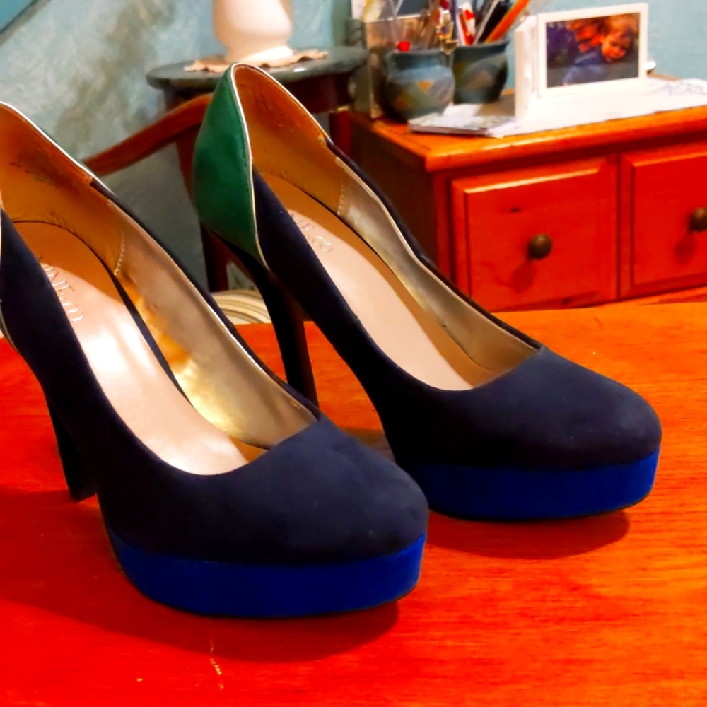 nine & co blue & green suede heels, sz 6.5, 4" heel, barely worn